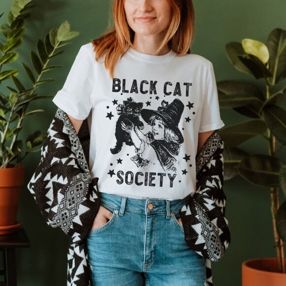 Unbranded Tops - Cat Tshirt, Halloween Shirt, Witchy Shirt, Halloween Cat T Shirt